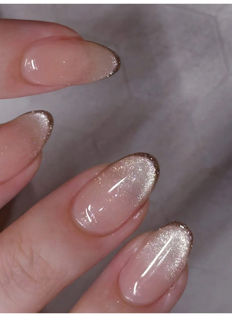 24Pcs Almond Nude Cat Eye Press-On Nails Set - Shiny Luxurious False Nails with Jelly Gel & Buffer